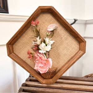 Vintage 3D Flower Wall Art Hexagonal Wooden Frame Pink White Floral Arrangement